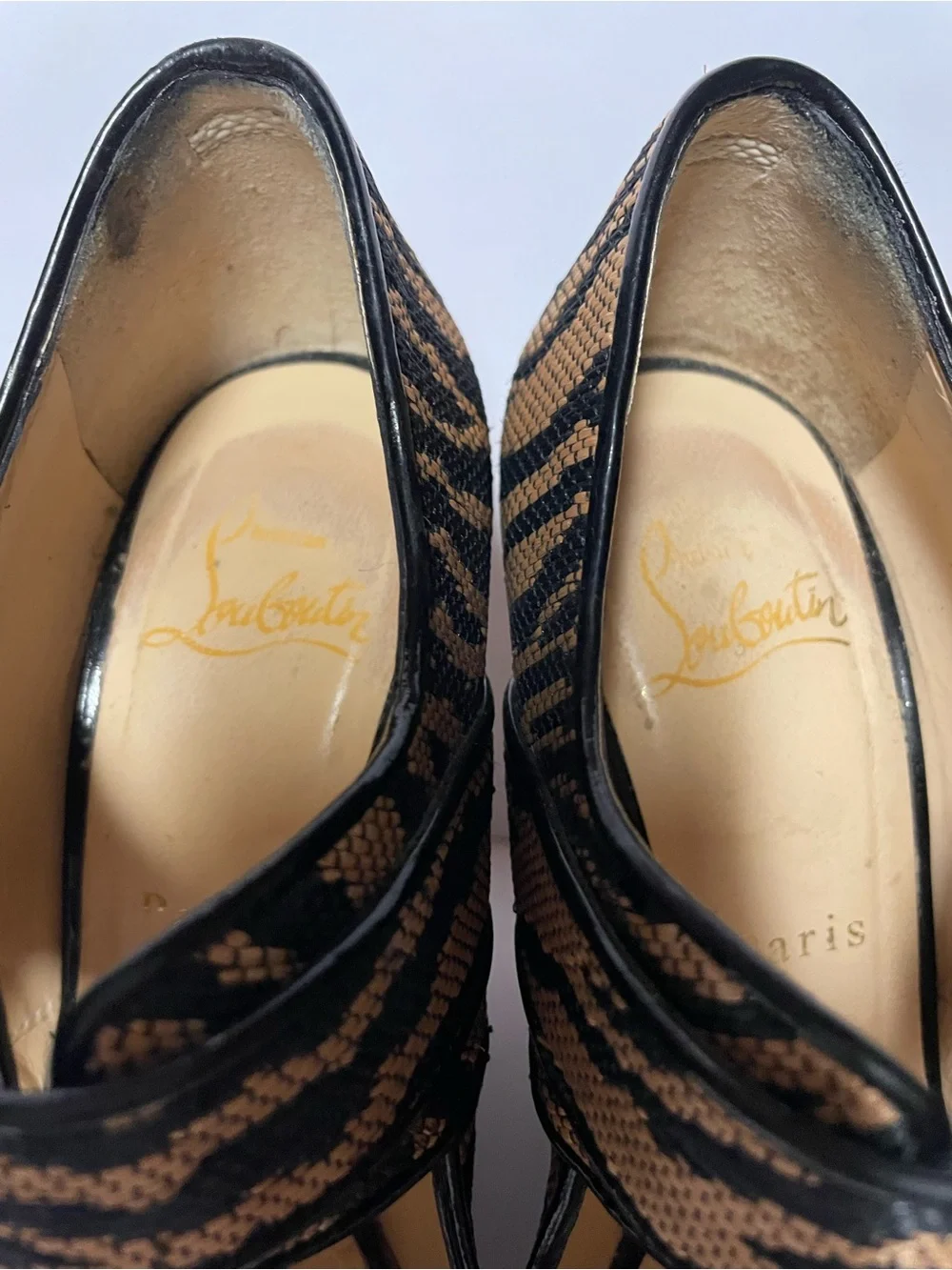 Christian Louboutin Black and Tan Zebra Cork Wedge Mary Jane Pumps 36